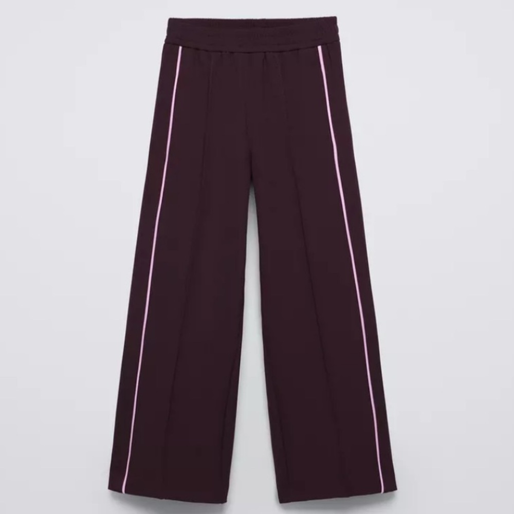 Zara Girls Wide-Leg Trousers in burgundy with pink side stripes. Size 9/10